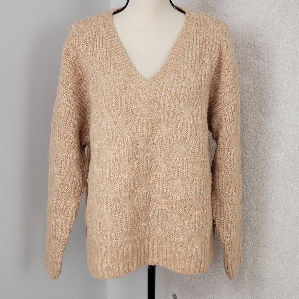 Lucky Brand V-Neck Cable Knit Sweater Tan Marl Womens Large Side Slit Pullover